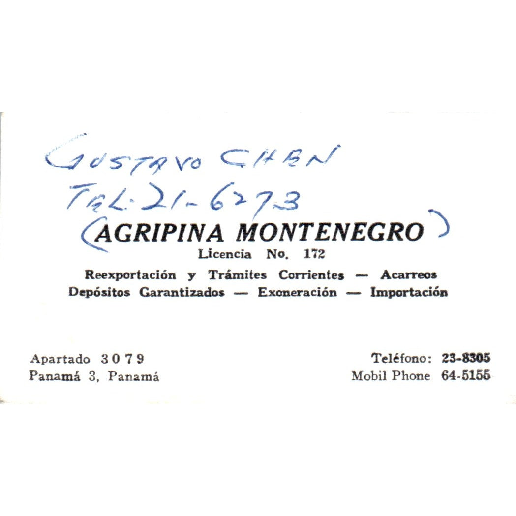 Agripina Montenegro Gustavo Chen Panama Vintage Business Card SD8-B15