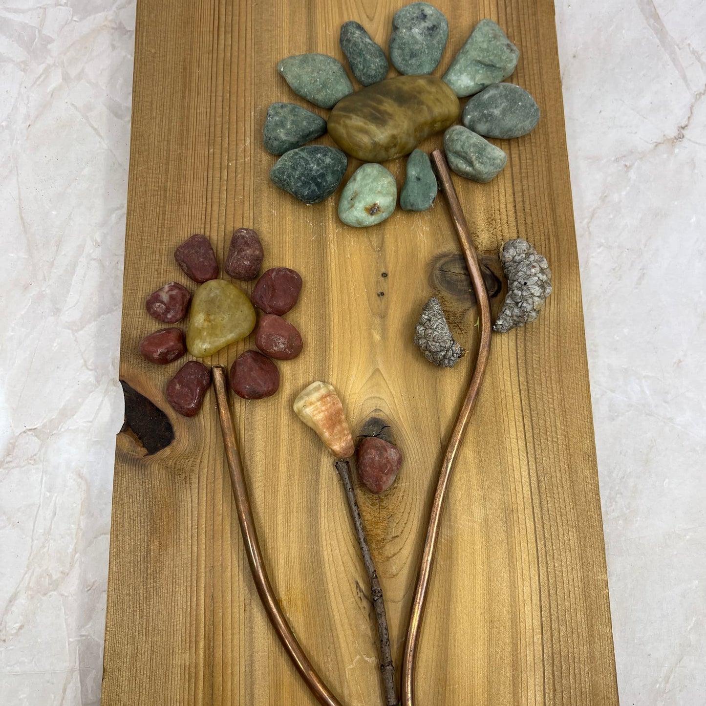 Rustic Wood, Copper and Rock Original Folk Wall Art Floral 7x14” TF5