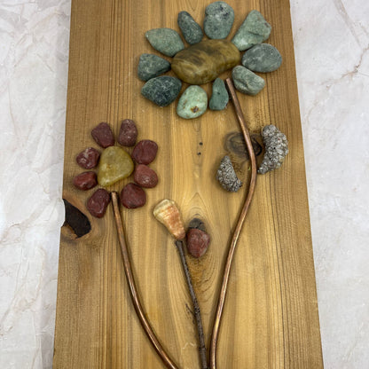 Rustic Wood, Copper and Rock Original Folk Wall Art Floral 7x14” TF5
