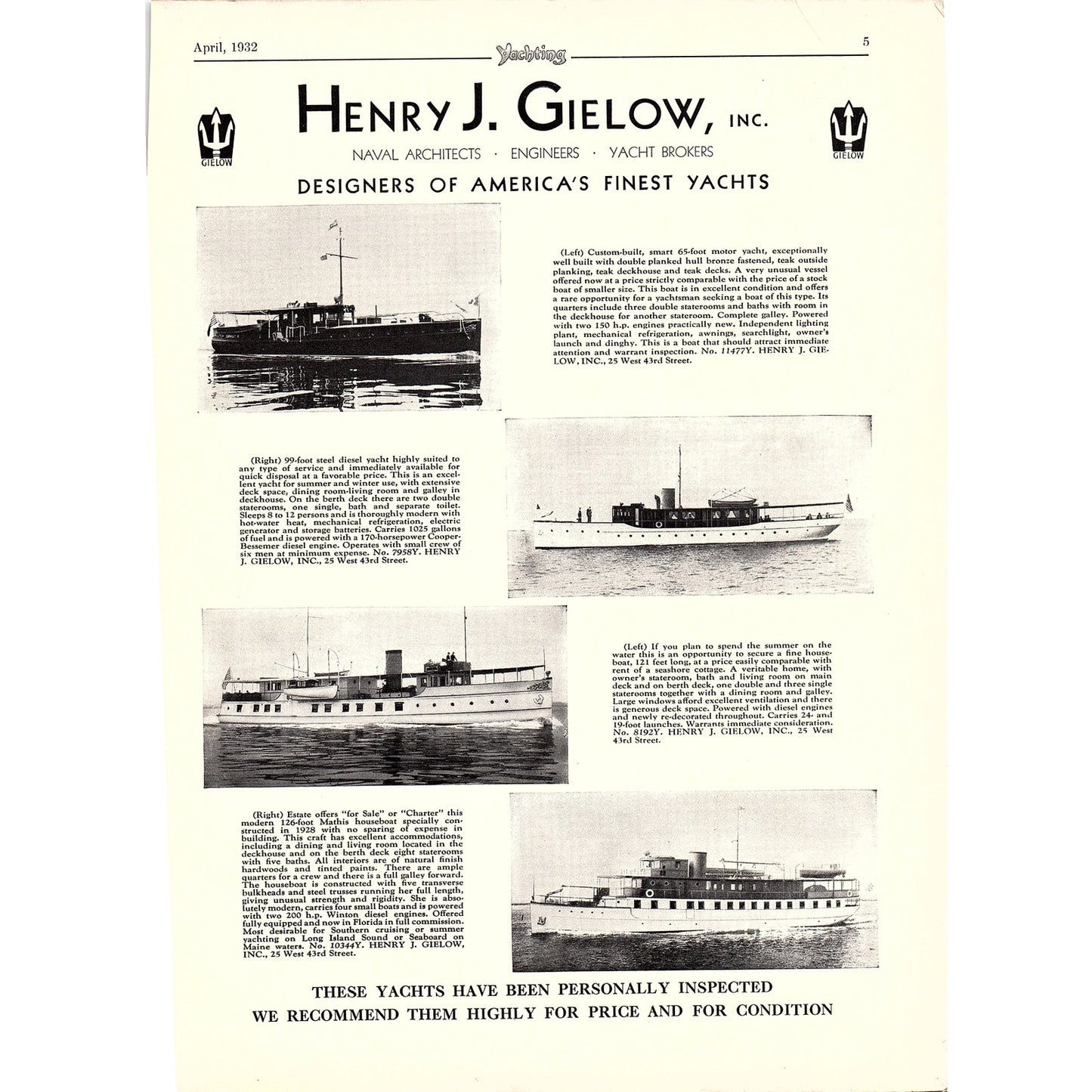 Henry J. Gielow Inc Designers of America's Finest Yachts 1932 Ad D21