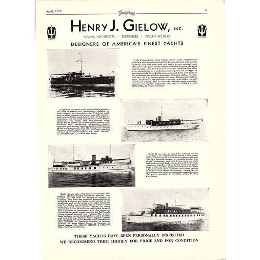 Henry J. Gielow Inc Designers of America's Finest Yachts 1932 Ad D21