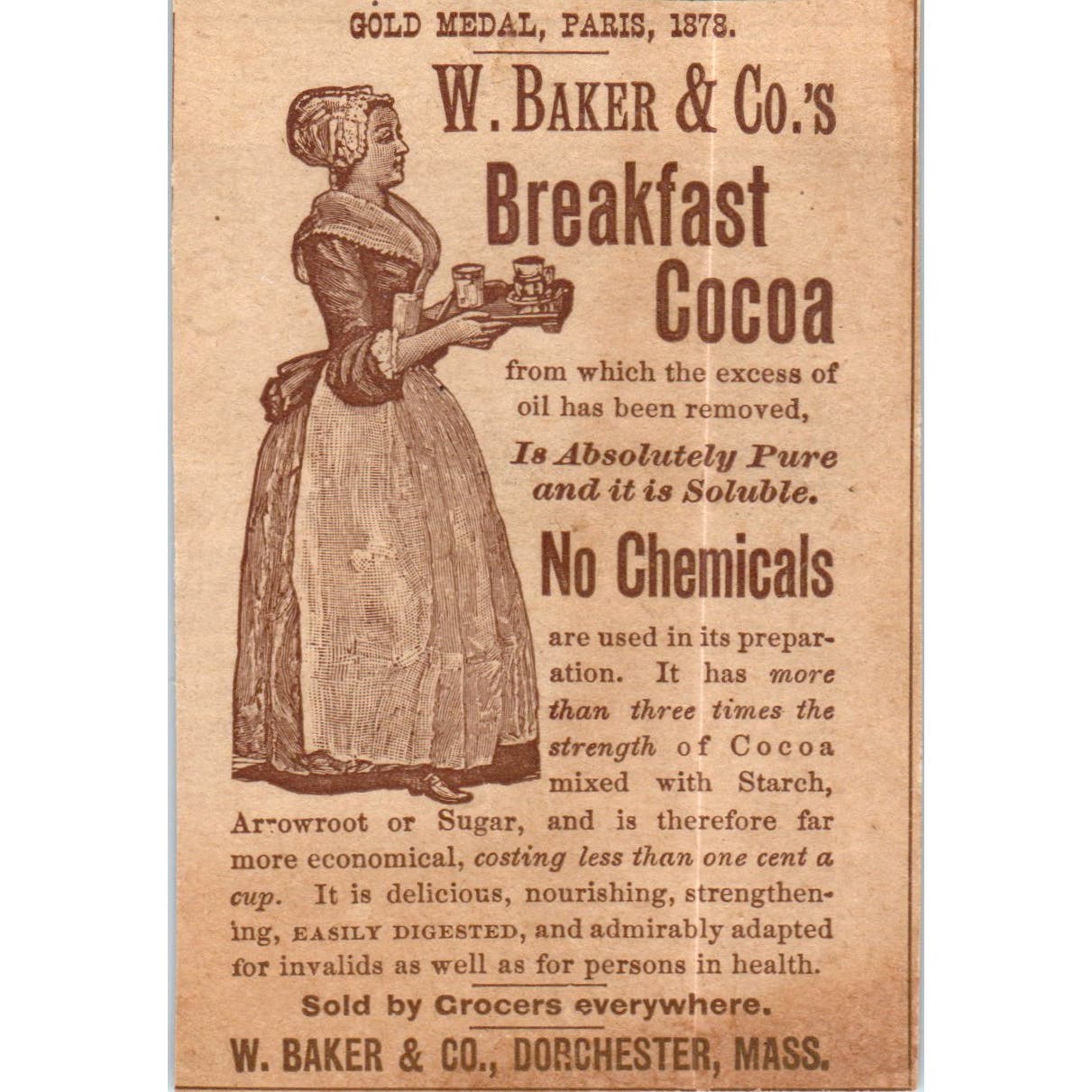 W. Baker & Co's Breakfast Cocoa Dorchester MA c1890 Victorian Ad AE8-CH8