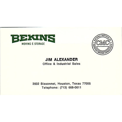 Bekins Moving & Storage Jim Alexander Houston Texas Vintage Business Card SB4-B5