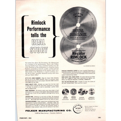 Felker Manufacturing Rimlock Diamond Blade Torrance CA 1964 Magazine Ad AB6-D18