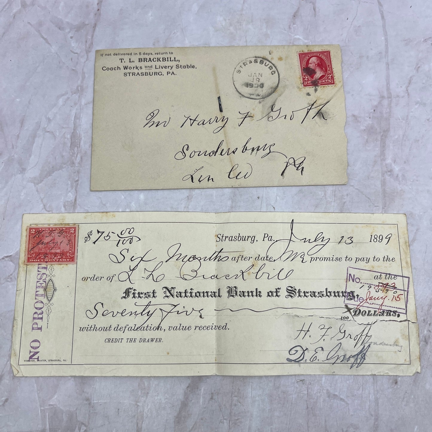 1899 T.L. Brackbill Coach Works and Livery Stable Strasburg PA Receipt TJ5-E2