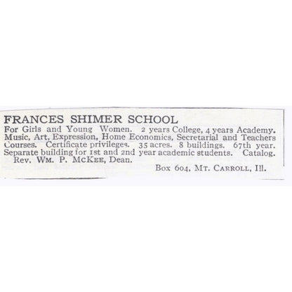 Frances Shimer School for Girls Mt. Carroll IL c1918 Advertisement AE5-SA4