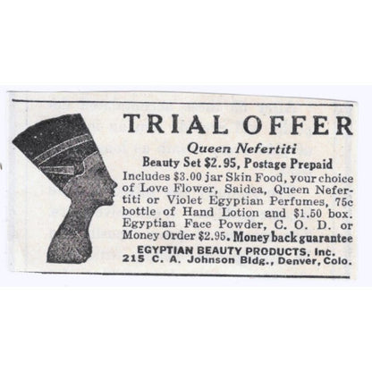 1931 Egyptian Beauty Products Queen Nefertiti Denver CO Advertisement AE5-SA2