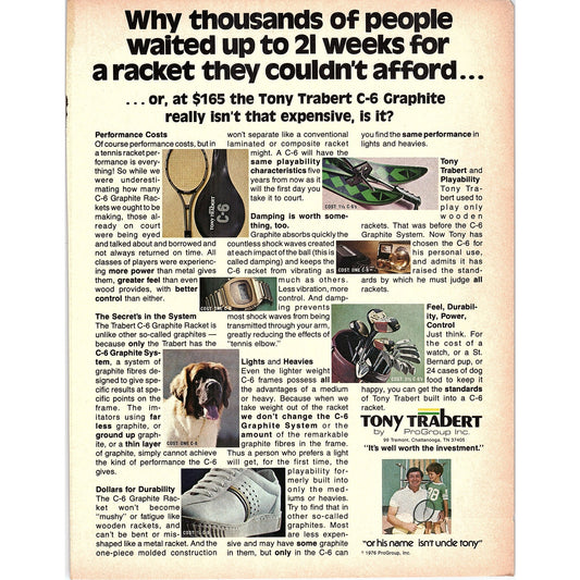 Tony Trabert ProGroup - Tony Trabert C-6 Graphite Tennis Racquet 1977 Ad AF3-5
