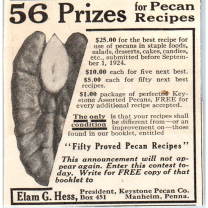Prizes for Pecan Recipes Elam G. Hess Keystone Pecan Co Manheim 1924 Ad AF7-SS4