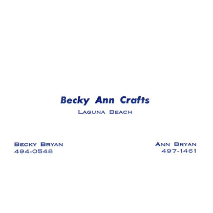 Vintage Becky Ann Crafts Laguna Beach Becky Bryan Ann CA Business Card SF3-B1