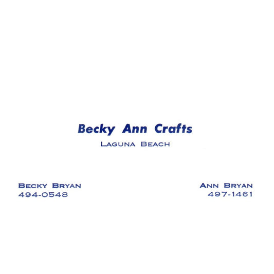 Vintage Becky Ann Crafts Laguna Beach Becky Bryan Ann CA Business Card SF3-B1