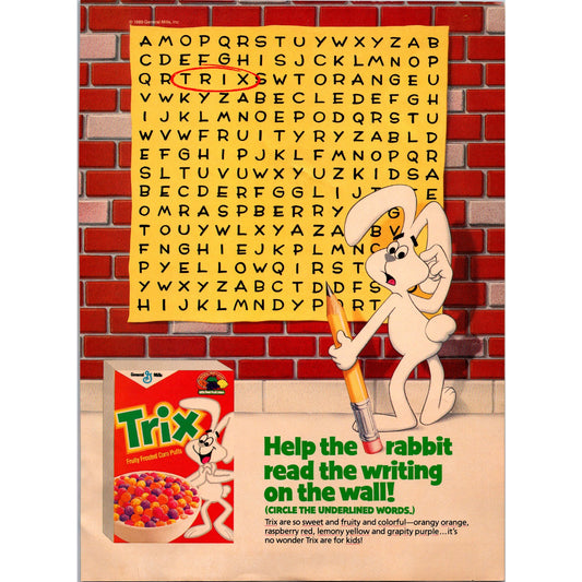 Trix Cereal Word Find Puzzle General Mills 1989 Ad B21