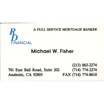 Michael W Fisher RD Financial Anaheim CA Vintage Business Card SC9-B1