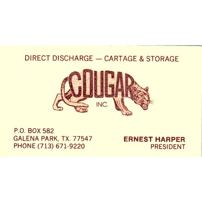 Cougar Inc. Ernest Harper Galena Park Texas Vintage Business Card SB4-B5