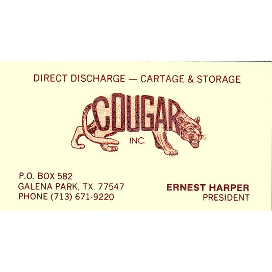 Cougar Inc. Ernest Harper Galena Park Texas Vintage Business Card SB4-B5