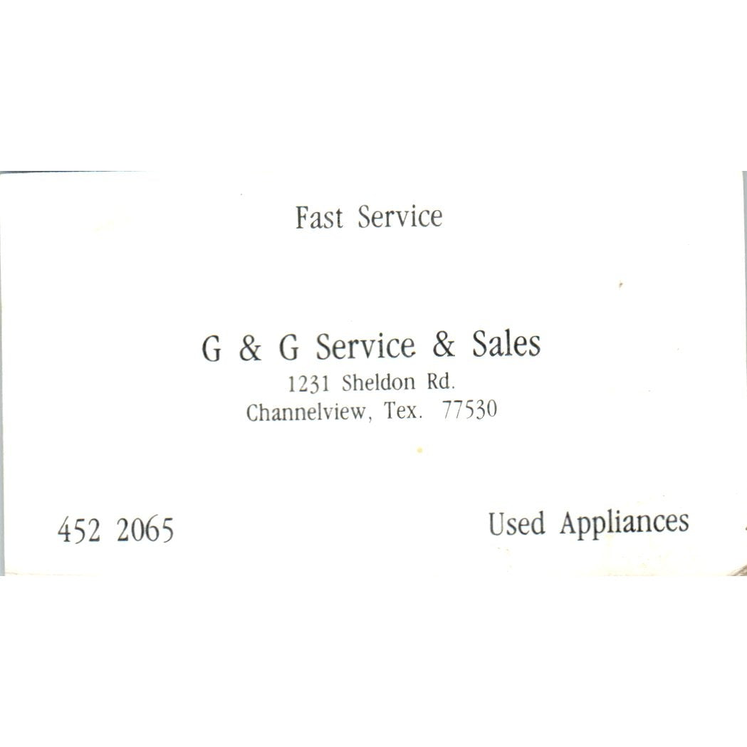 G&G Service and Sales Appliances Channelview TX Vintage Business Card SD8-B13
