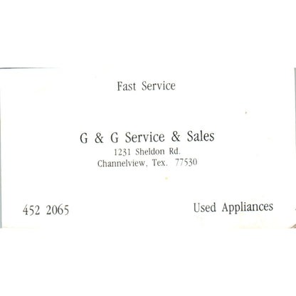 G&G Service and Sales Appliances Channelview TX Vintage Business Card SD8-B13