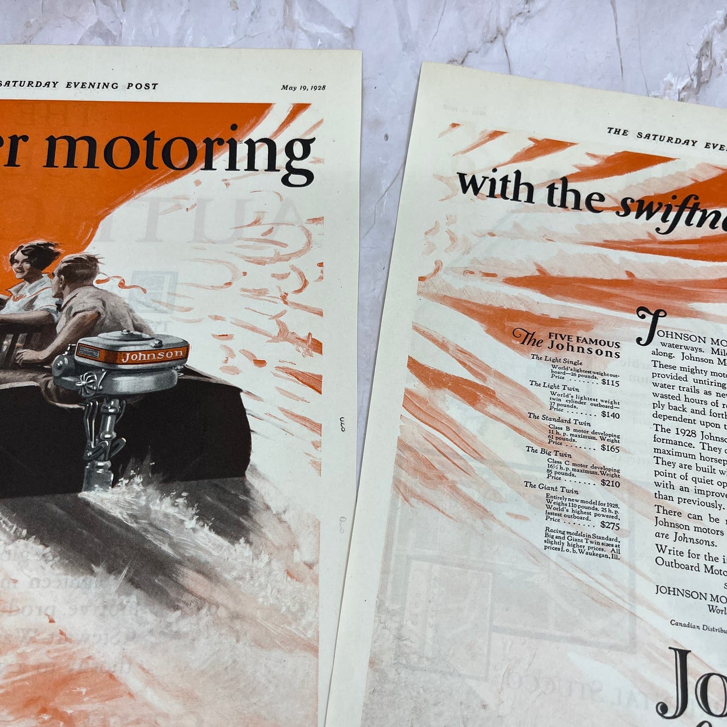 Johnson Outboard Motors 2 Pages 1928 Original Magazine Advertisement FL6-8