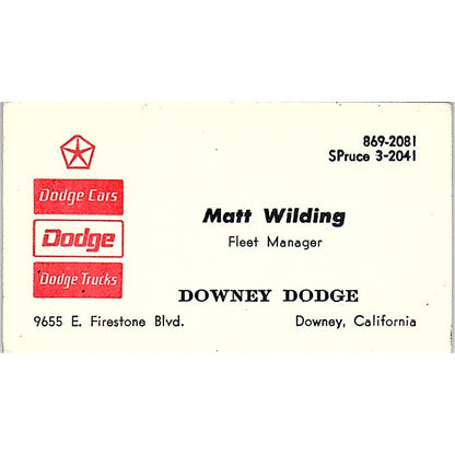Matt Wilding Downey Dodge Downey CA Vintage Business Card SD9-B6