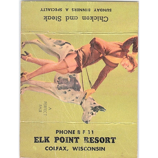Elk Point Resort Colfax WI Pinup Great Dane Vintage Large Matchbook Cover TH2-Y3