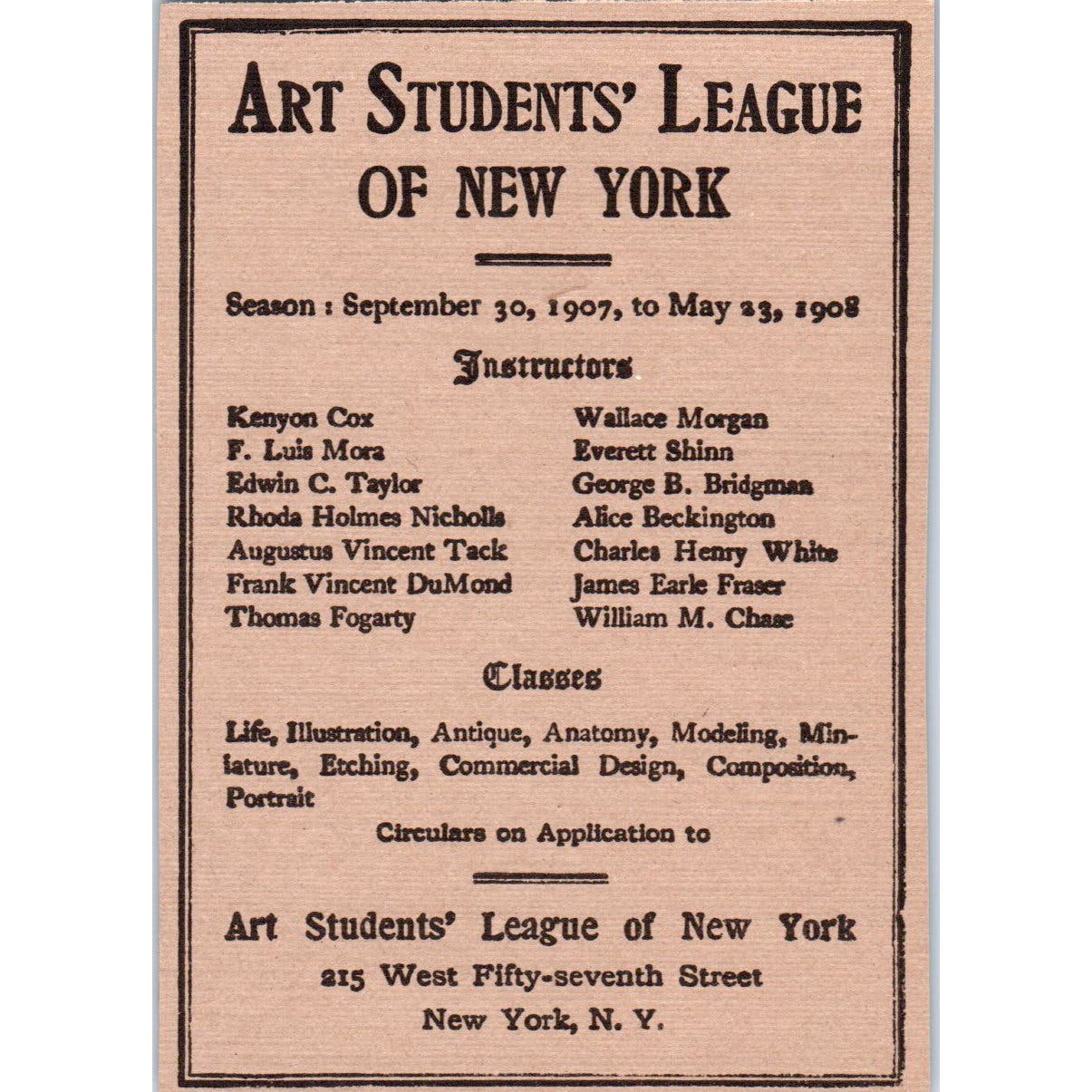 The Art Student League of New York 1907-08 Winter Term Victorian Ad AE9-MA6