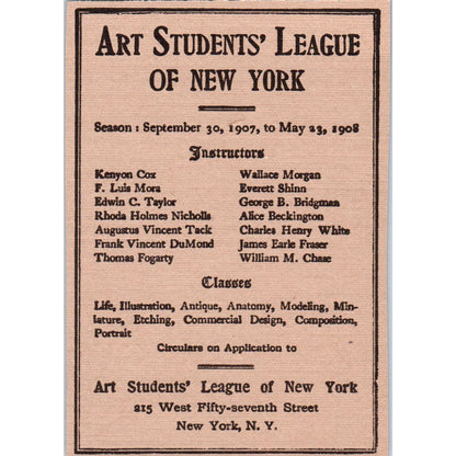 The Art Student League of New York 1907-08 Winter Term Victorian Ad AE9-MA6