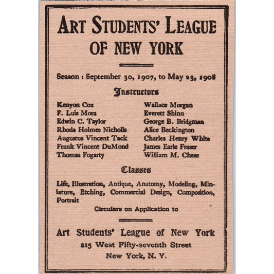 The Art Student League of New York 1907-08 Winter Term Victorian Ad AE9-MA6
