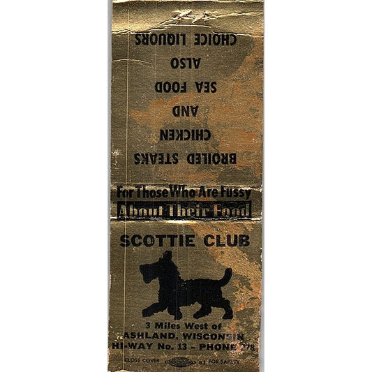 Scottie Club Ashland WI Vintage Matchbook Cover SF3-Y2