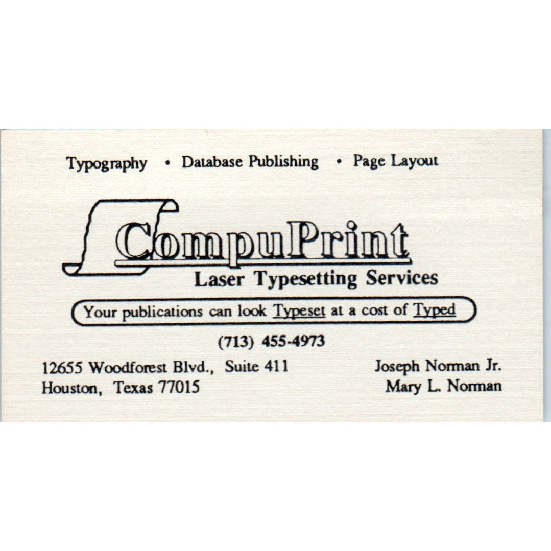 CompuPrint Laser Typesetting Joseph Norman Jr Houston TX Business Card SD4-B3