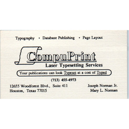 CompuPrint Laser Typesetting Joseph Norman Jr Houston TX Business Card SD4-B3