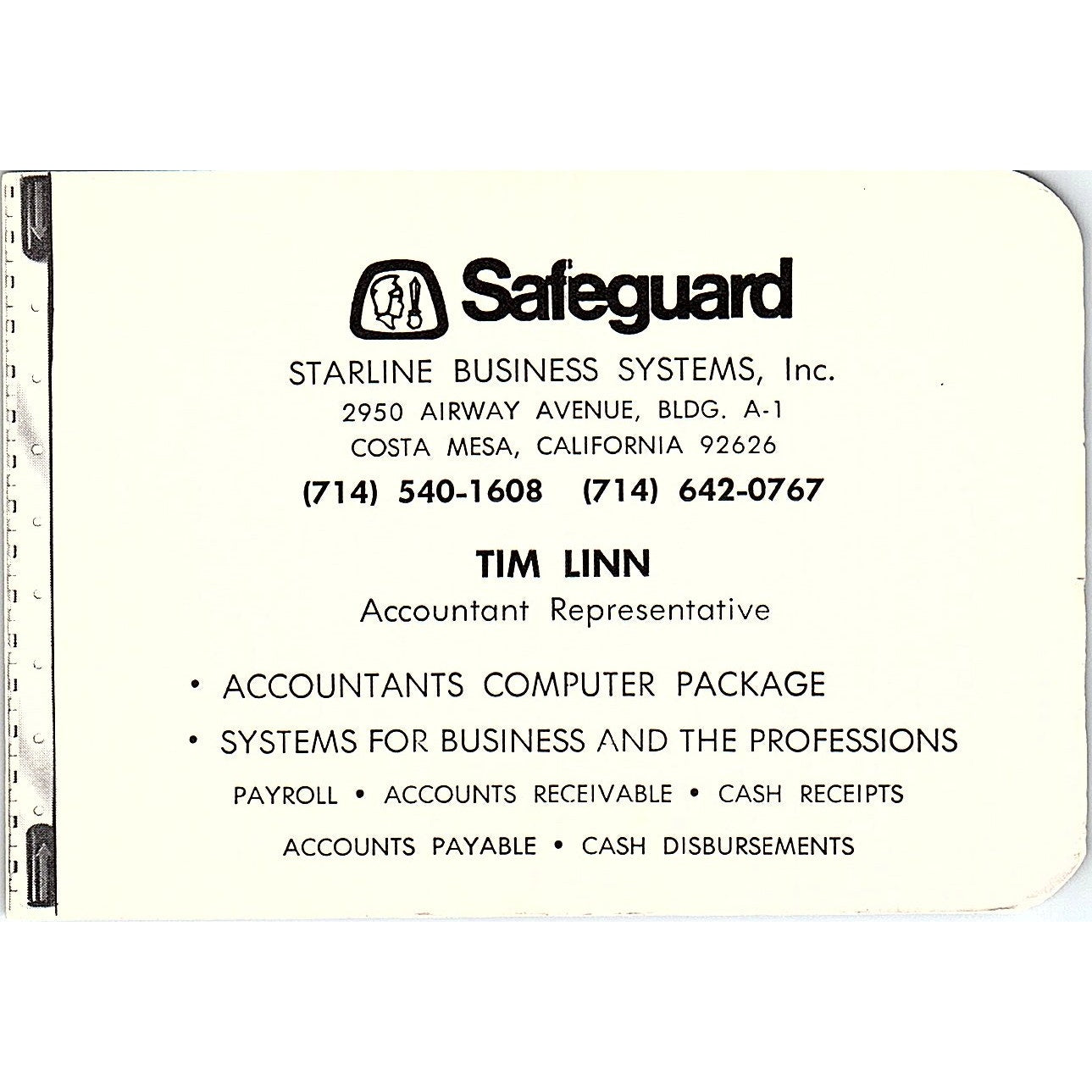 Tim Linn Safeguard Starline Business Systems Costa Mesa Vtg Business Card ML1-6