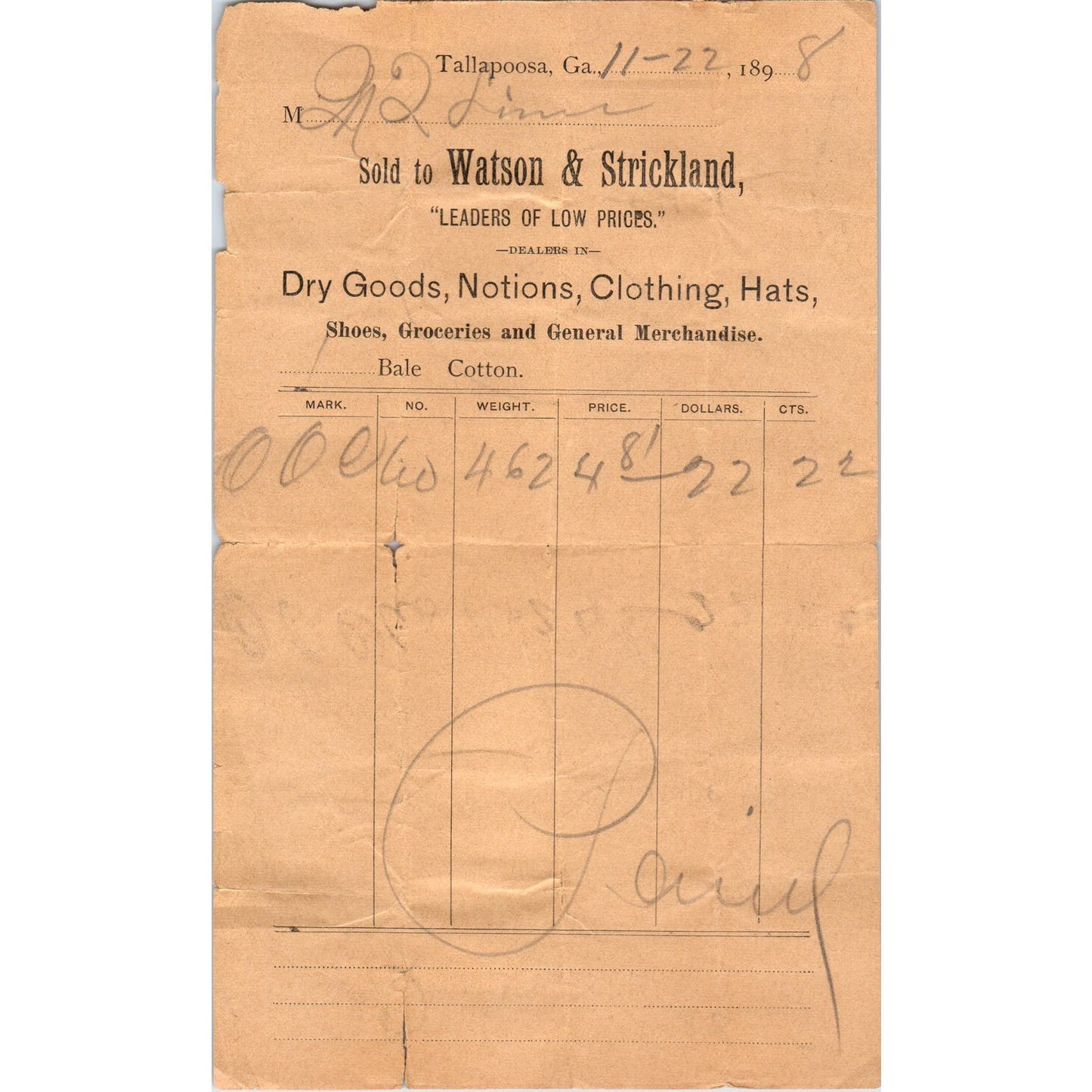 Watson & Strickland Dry Goods Tallapoosa GA 1898 Original Billhead Receipt D8