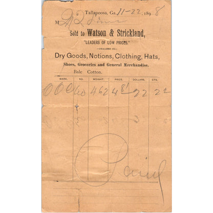 Watson & Strickland Dry Goods Tallapoosa GA 1898 Original Billhead Receipt D8