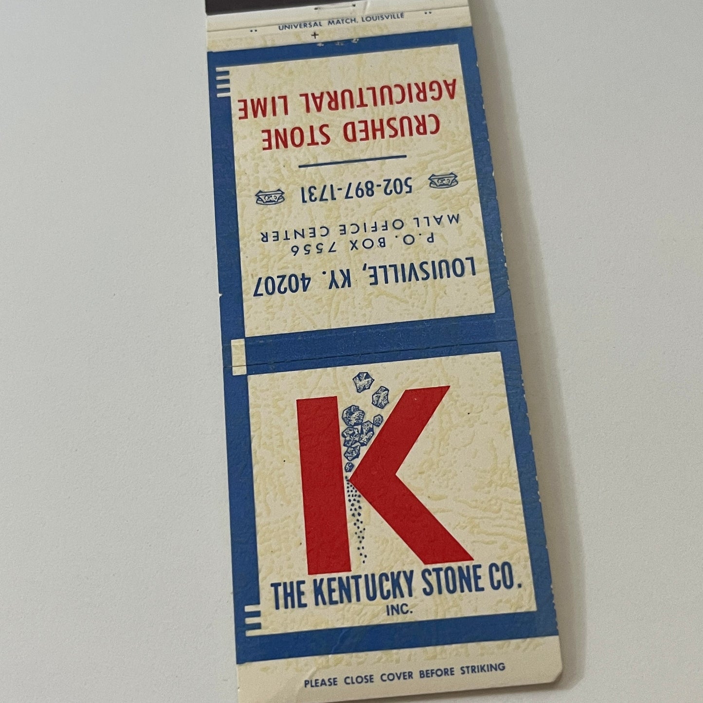 The Kentucky Stone Co Crushed Lime Louisville KY Matchbook Cover MM5-7
