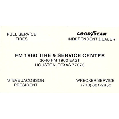 Steve Jacobson FM 1960 Tire & Service Center Houston Vtg Business Card SC9-B3