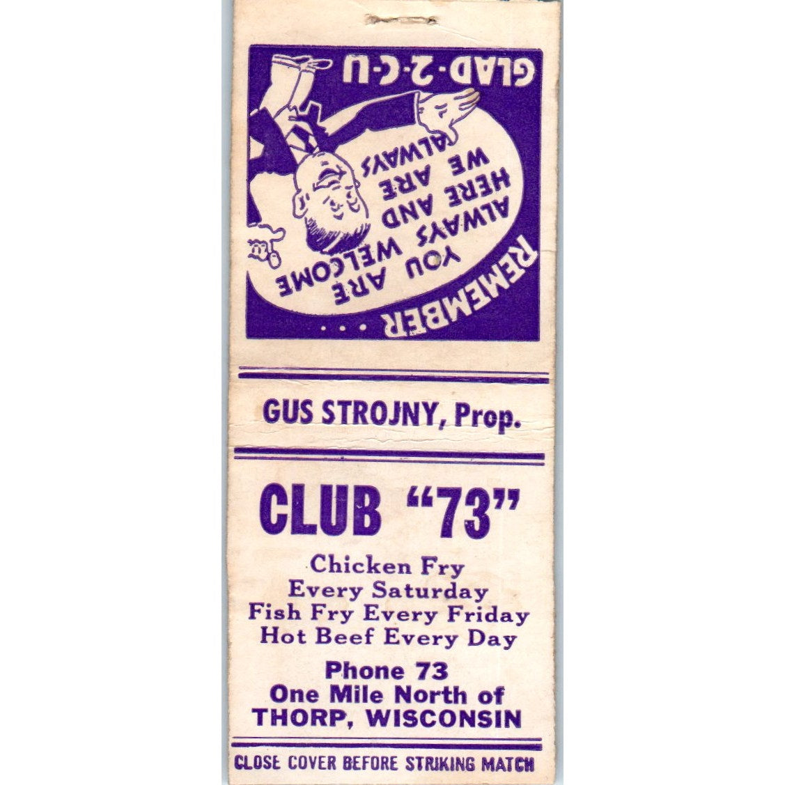 Club 73 Thorp Wisconsin Vintage Matchbook Cover SD2-Y2