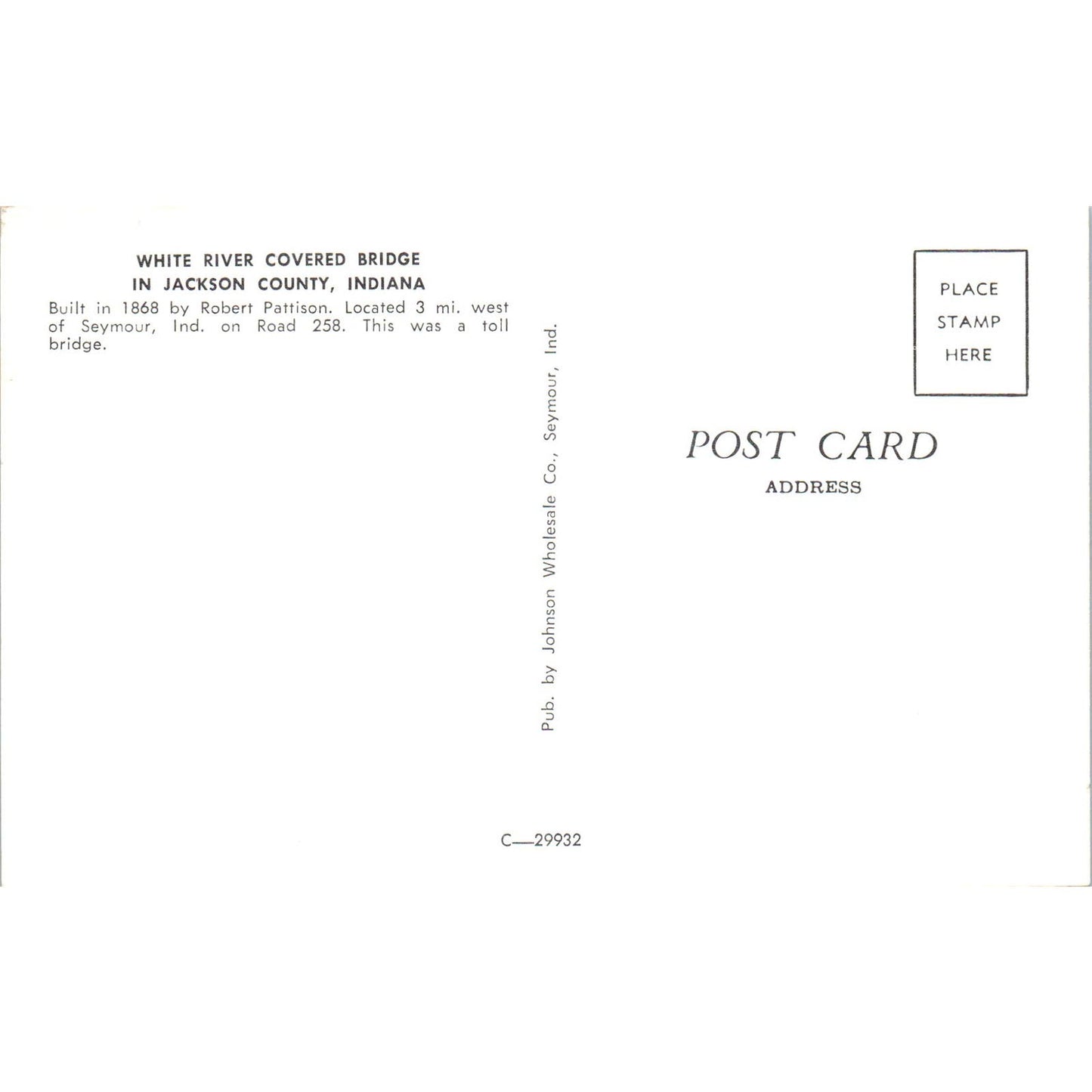 Jackson County Indiana White River Covered Bridge Postcard PB11