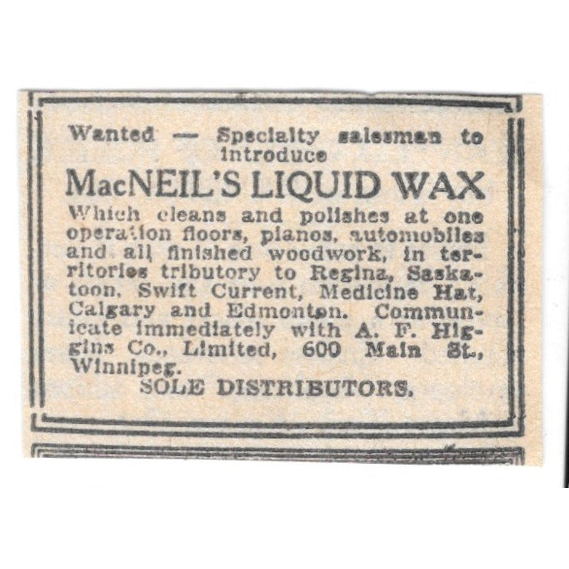MacNeil's Liquid Wax 600 Main Street Winnipeg 1920 Ad AG2-S7