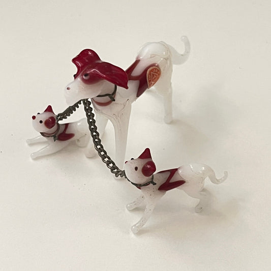 1950's Hand Blown Art Glass Dog With 2 Puppies on Chain 3" Japan SB2