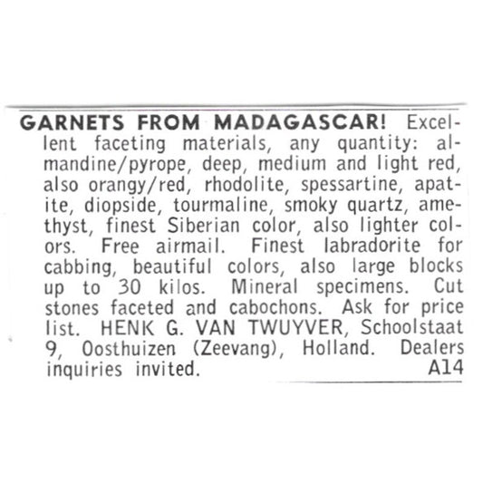 Henk G Van Twuyver Garnets from Madagascar Oosthuizen Holland 1972 Ad AF8-S12