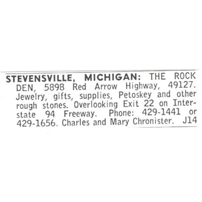 The Rock Den Charles & Mary Chronister Stevensville MI 1972 Ad AF8-S13