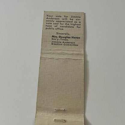 Elect Jimmie Anderson Tax Collector Treasurer Vintage Matchbook Cover TB6-MB2-5