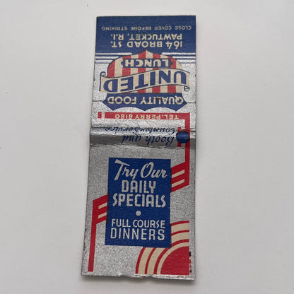 United Lunch 164 Broad St Pawtucket RI Vintage Matchbook Cover TB8-MB-3