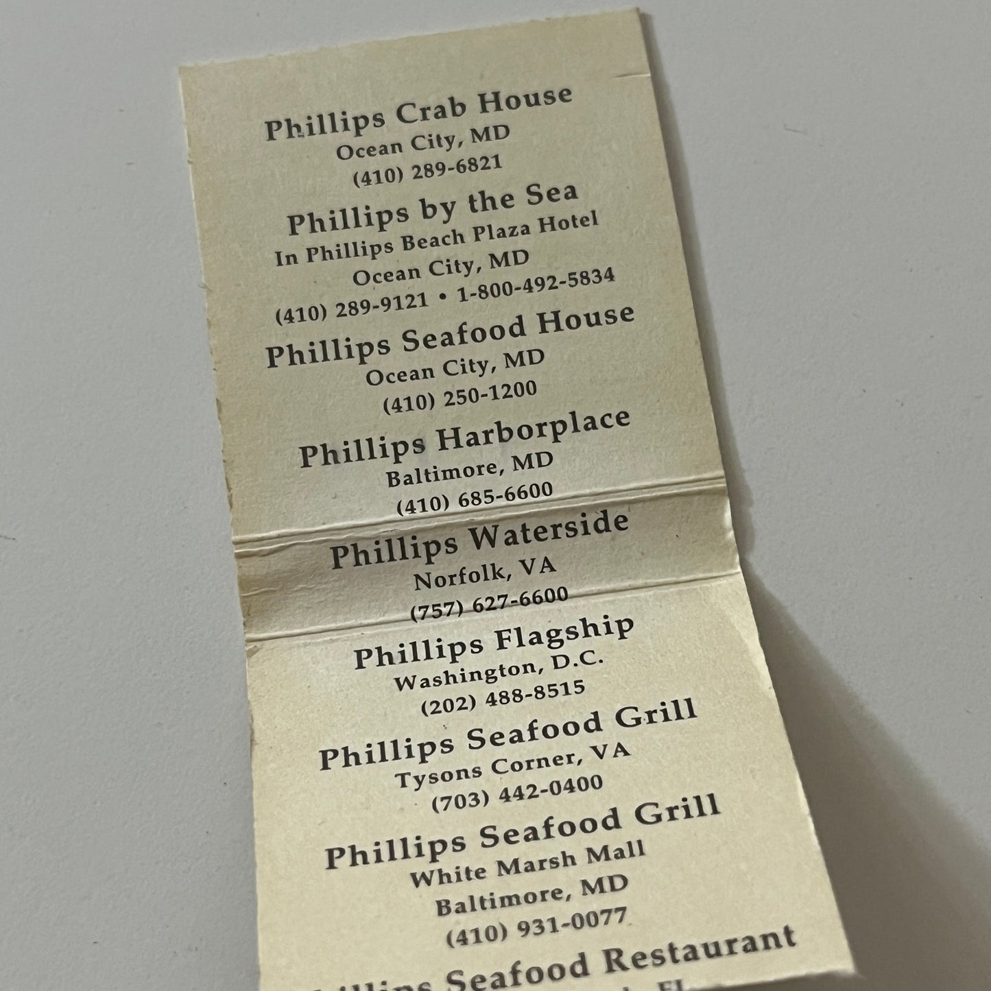 Phillips Seafood Crab House Ocean City MD Vintage Matchbook TB6-MB2-11