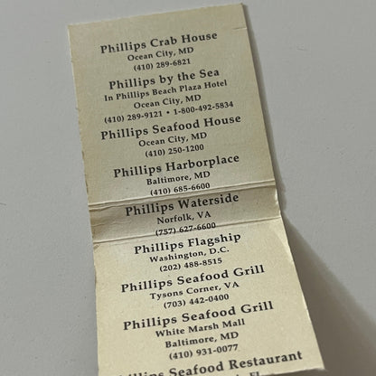 Phillips Seafood Crab House Ocean City MD Vintage Matchbook TB6-MB2-11
