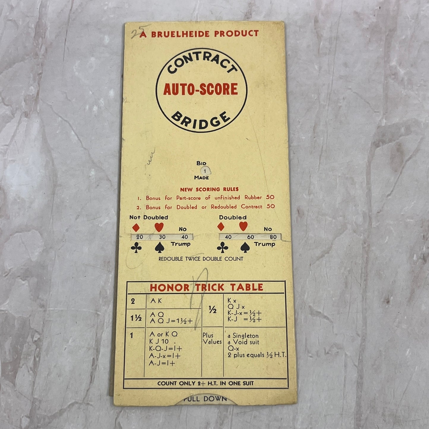 Vtg Contract Bridge Auto Score Pull Out Card Brunheide Minneapolis TA9-E1