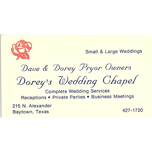 Dorey Wedding Chapel Dave & Dorey Pryor Baytown TX Vintage Business Card SB4-B2