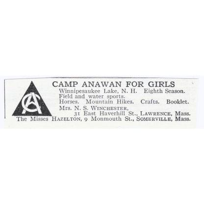 Camp Anawan for Girls Winnipesaukee Lake NH N.S. Winchester c1918 Ad AE5-SA8