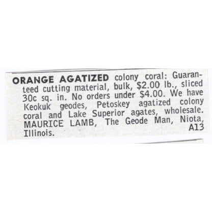 Maurice Lamb Orange Agatized Colony Coral The Geode Man Niota IL 1964 Ad AK6-S8