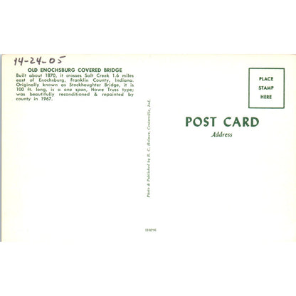 Franklin County Indiana Old Enochsburg Covered Bridge Postcard PB10